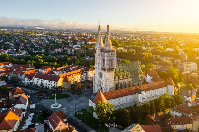 Aerial View of the Cathedral in Zagreb at Sunrise